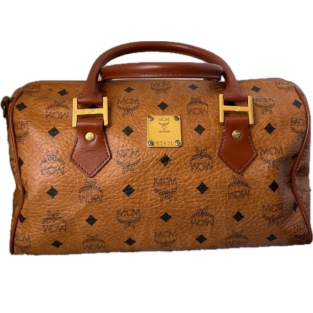 AUTHENTIC MCM Boston Brown Duffel Bag with Iconic Monogram and Gold Accents